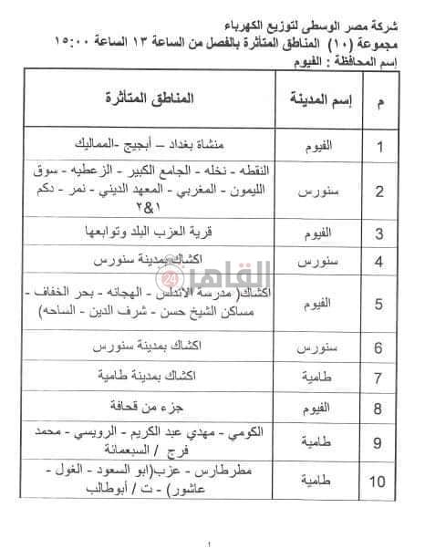 جدول تخفيض الاحمال في الفيوم 8