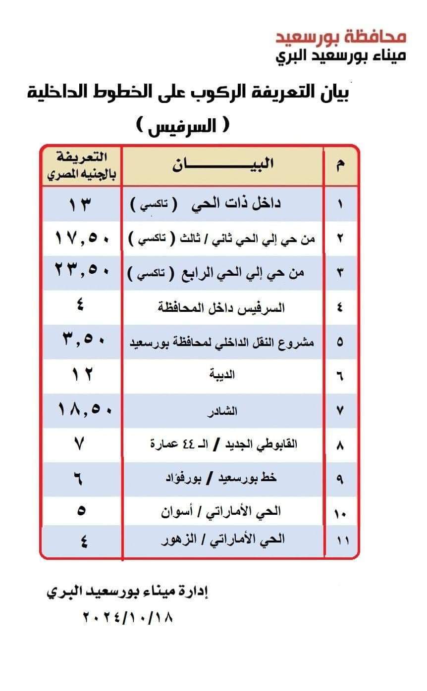 تعريفة الركوب ببورسعيد 