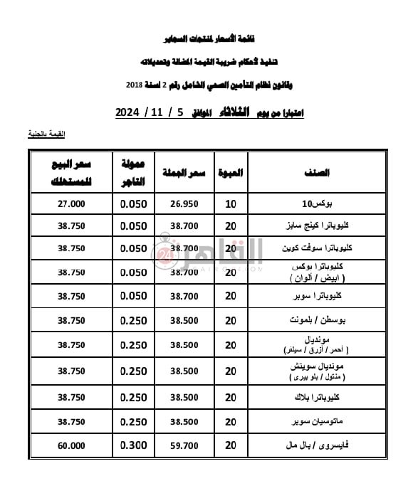 أسعار السجائر الجديدة