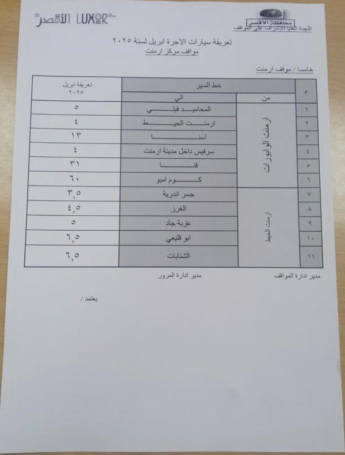 التعريفة الجديده للركوب بالأقصر