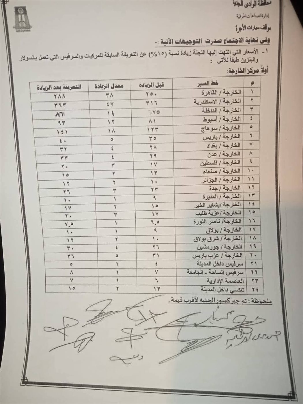 تعريفة الاجرة بالوادى الجديد