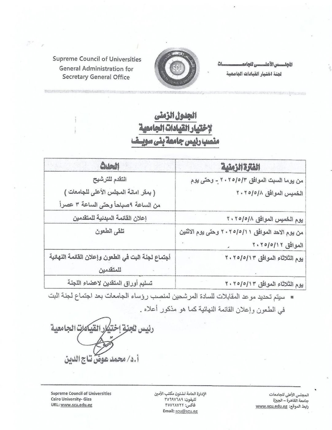 شغل منصب رئيس جامعة بني سويف بالقواعد الجديدة