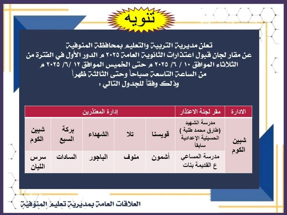 مواعيد اعتذارات مراقبة الثانوية العامة في المنوفية&nbsp;
