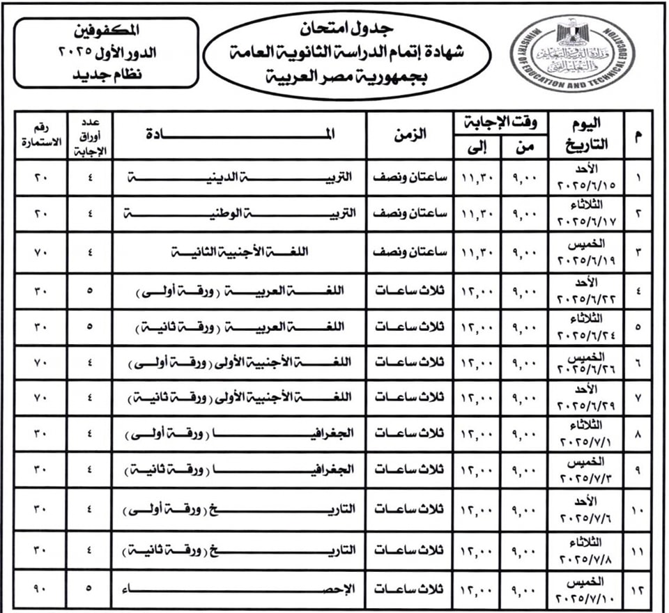 جدول امتحانات الثانوية العامة 2025 بعد التحديث الأخير للمكفوفين