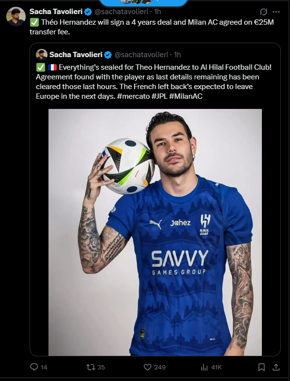 <strong>ميلان يوافق على رحيل ثيو هيرنانديز مقابل 25 مليون يورو.. وسيوقع لـ الهلال لمدة 4 سنوات&nbsp;</strong>