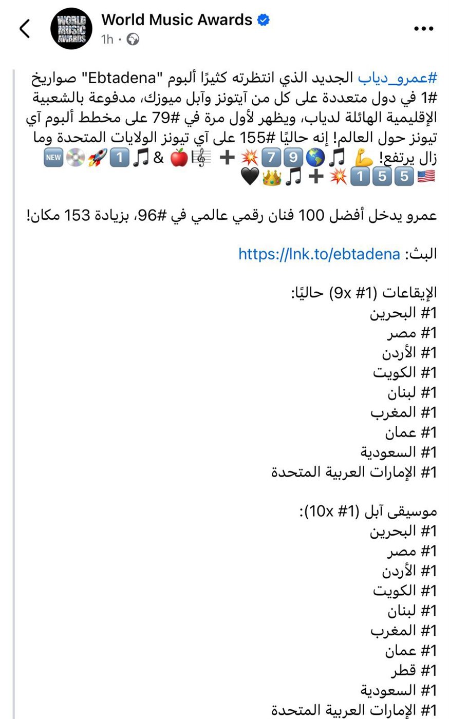 عمرو دياب يتصدر منصات الموسيقى