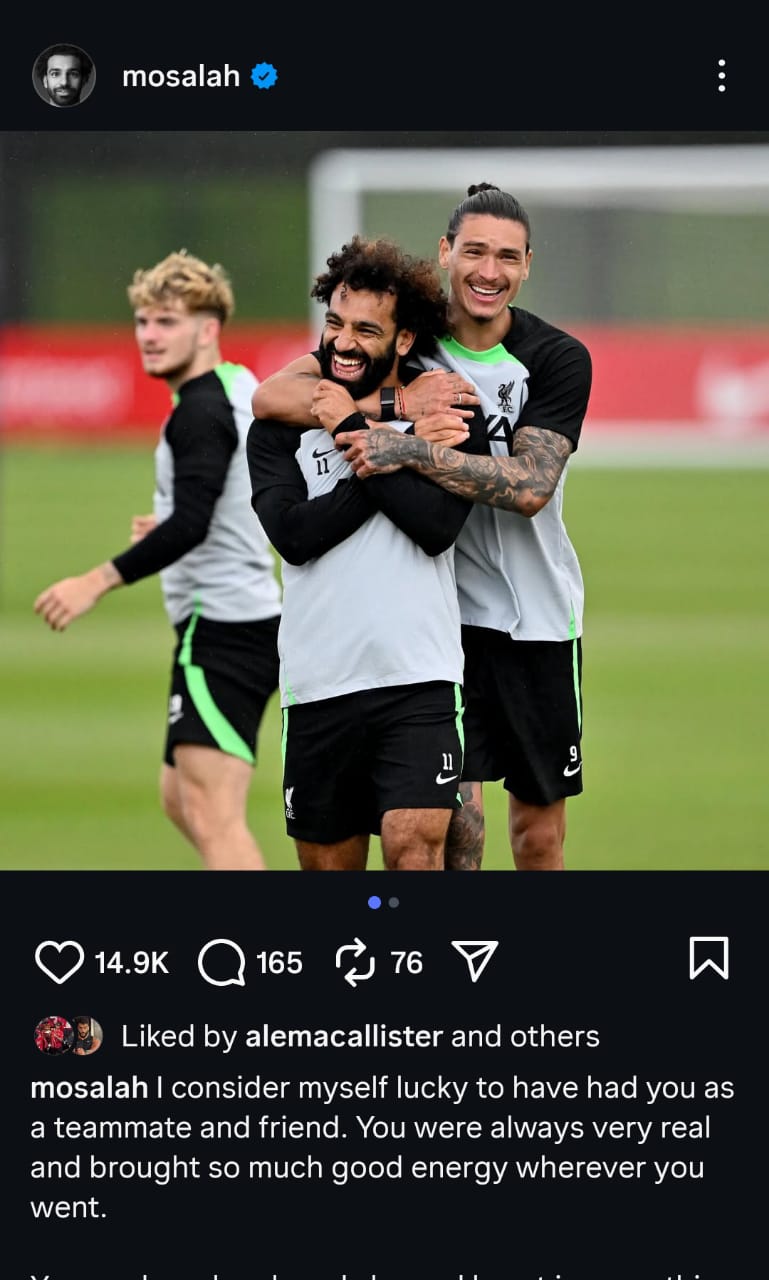 محمد صلاح يودع نونيز بعد رحيله إلى الهلال&nbsp;