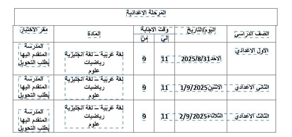 جدول المرحلة الإعدادية&nbsp;