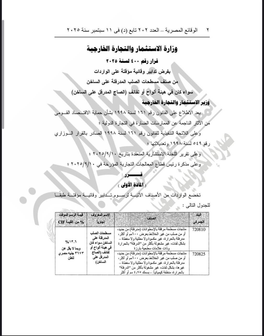 &nbsp;الجريدة الرسمية تنشر قرارًا بفرض رسوم على واردات الصلب المدرفل&nbsp;