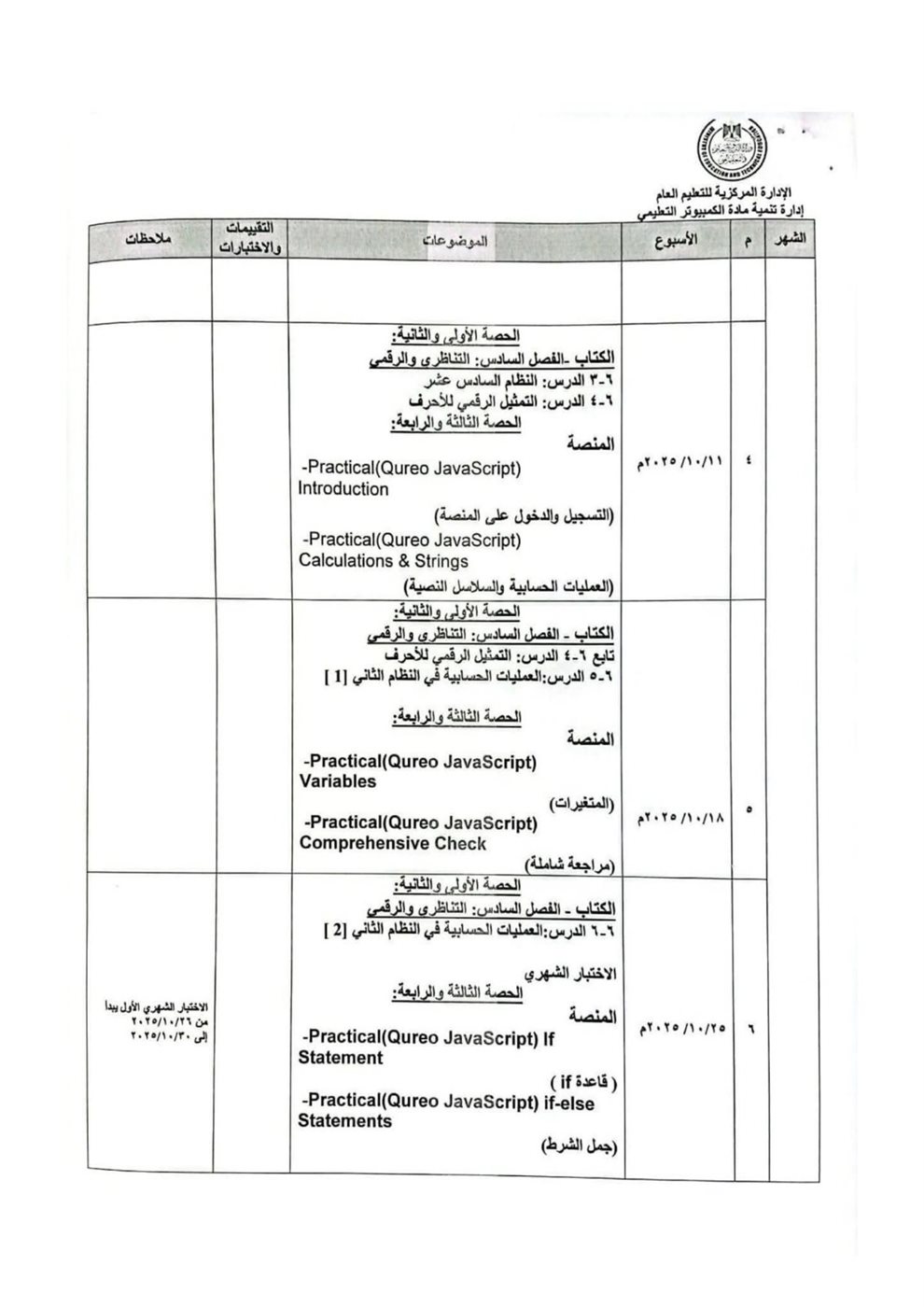 &nbsp; توزيع منهج البرمجة والذكاء الاصطناعي للصف الأول الثانوي للعام الدراسي الجديد&nbsp;