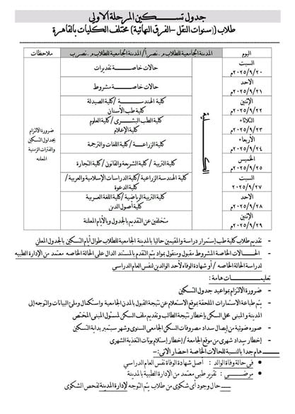 سنوات النقل والفرق النهائية.. بدء التسكين بالمدن الجامعية الأزهرية ابتداء من اليوم السبت&nbsp;