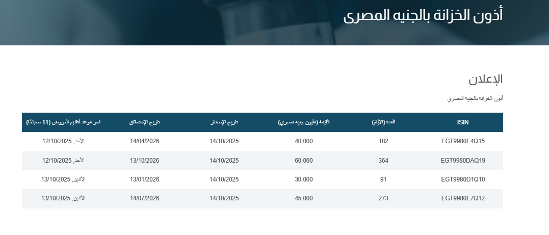 البنك المركزي يطرح أذون خزانة&nbsp;