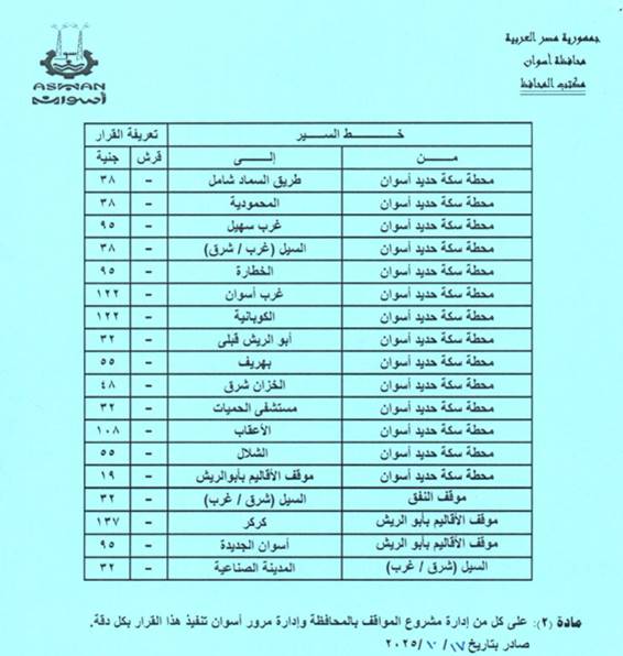 تعريفة الركوب الجديدة للمواصلات في أسوان