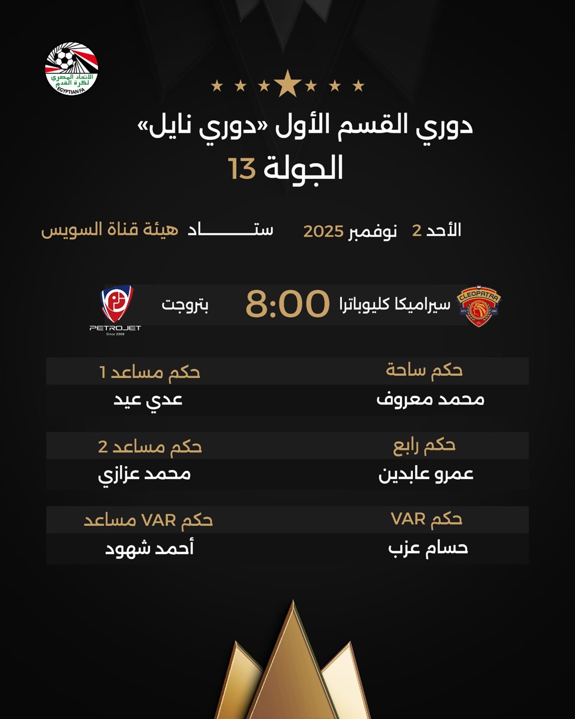 <strong>&nbsp;طاقم تحكيم مباراة سيراميكا كليوباترا وبتروجت</strong>