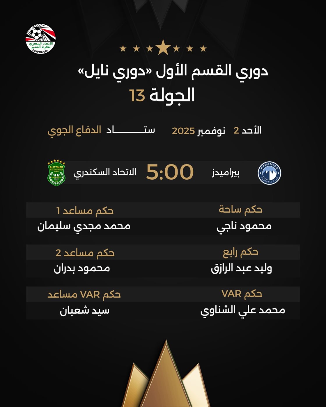 <strong>طاقم تحكيم مباراة بيراميدز والاتحاد السكندري</strong>