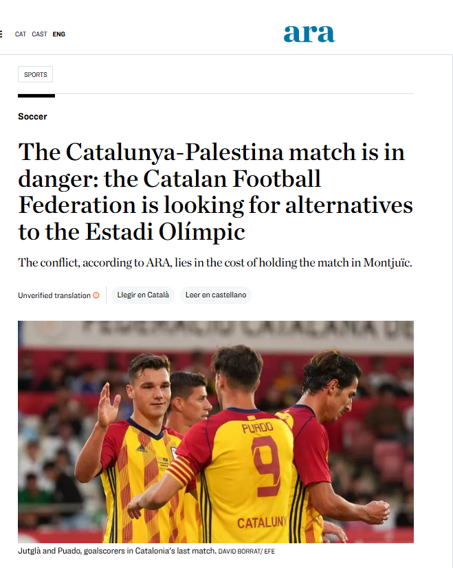 مباراة فلسطين وإقليم الباسك مهددة بالإلغاء.. &nbsp;والبحث عن ملعب بديل لـ ستاد برشلونة