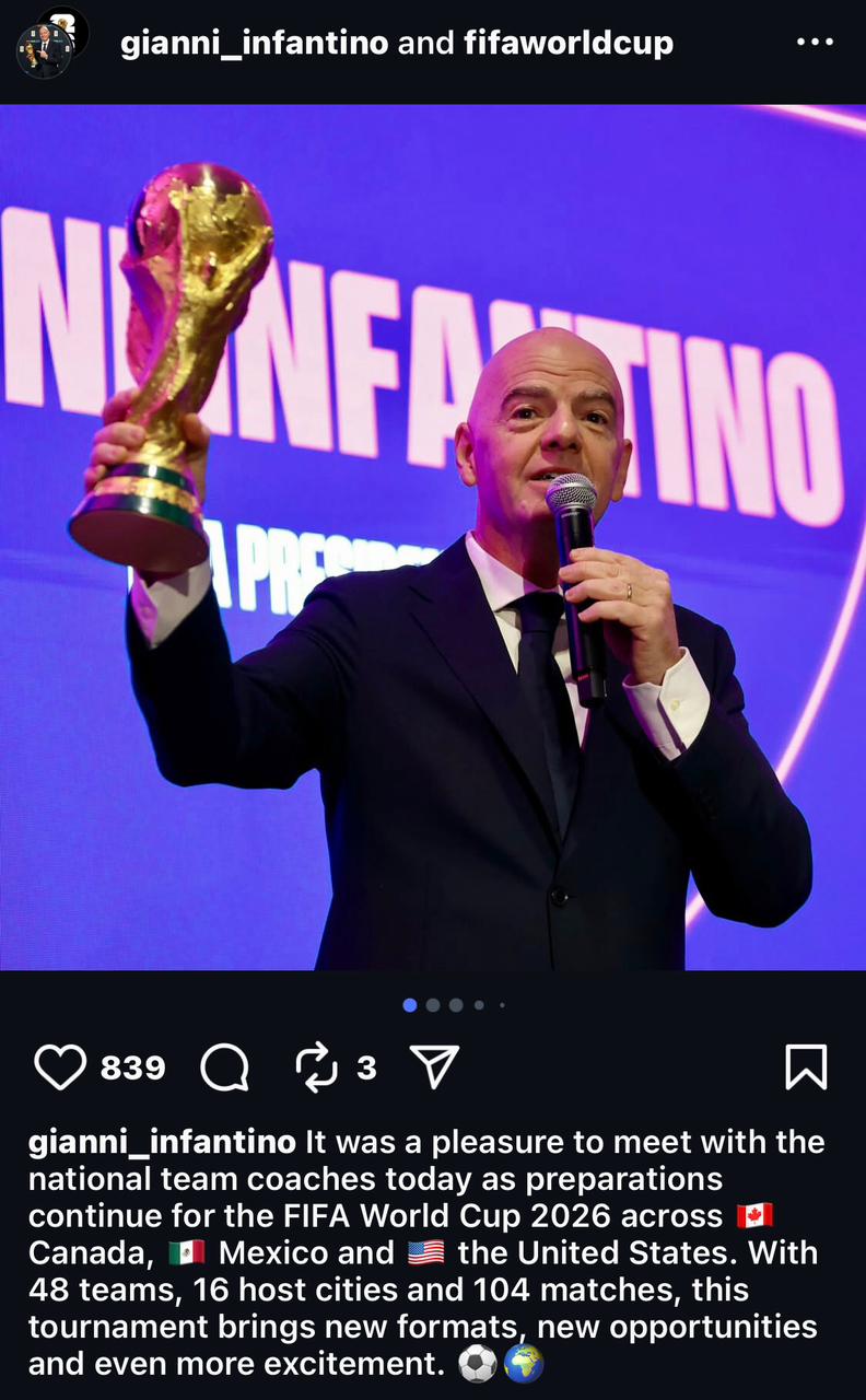 <strong>جياني إنفانتينو رئيس الاتحاد الدولي لكرة القدم&nbsp;عبر حسابه الرسمي على موقع التواصل الإجتماعي إنستجرام</strong>
