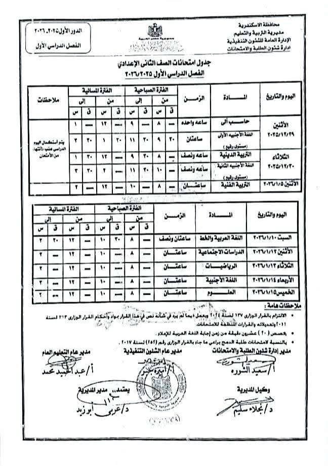 جدول امتحانات الفصل الدراسي الاول 