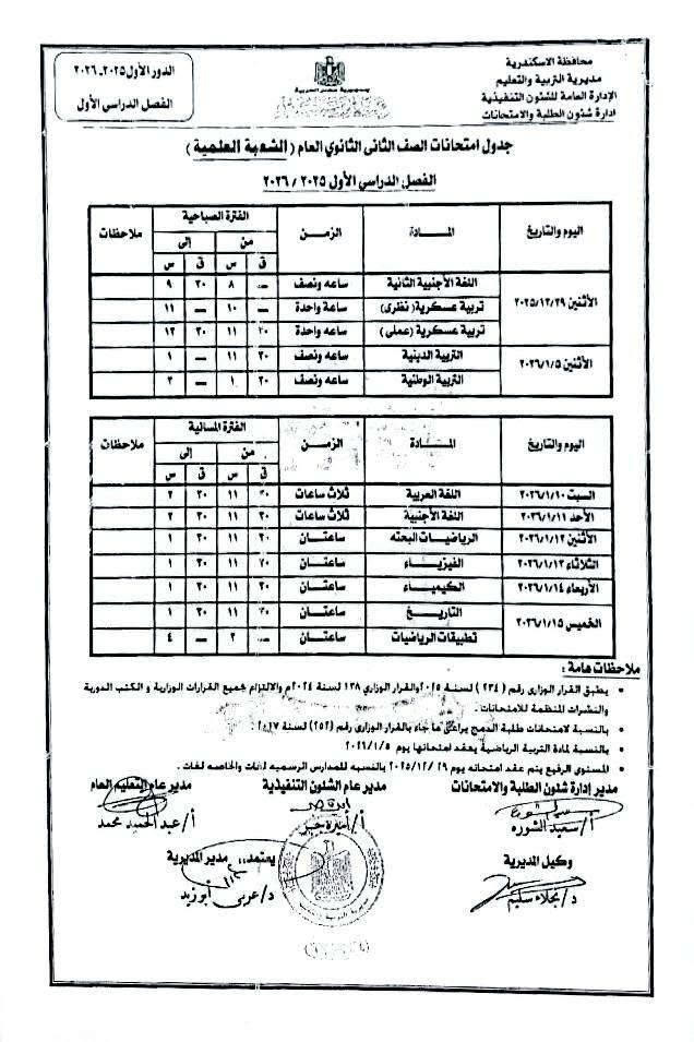 جدول امتحانات الفصل الدراسي الاول 
