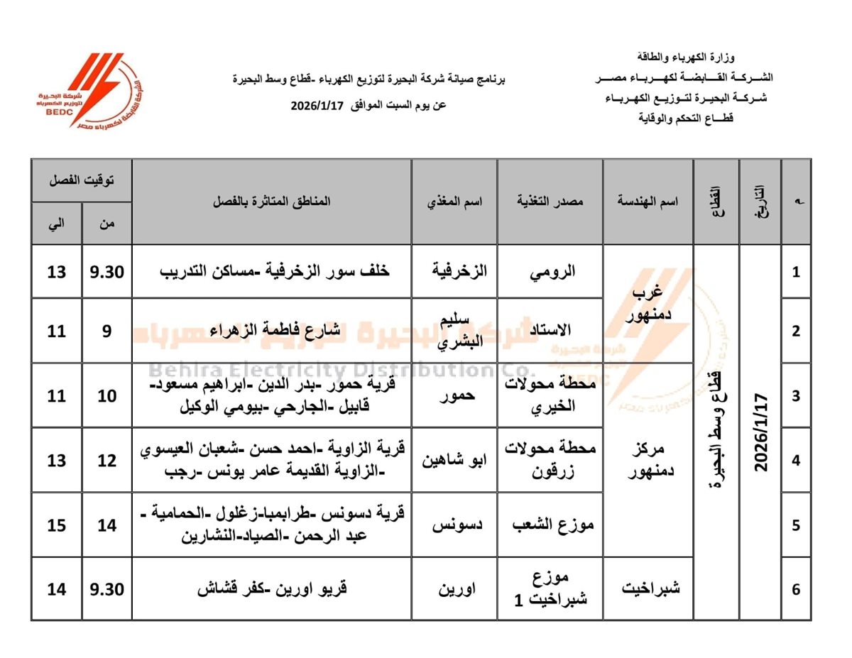 <strong>جدول فصل التيار الكهربائي بمحافظة البحيرة اليوم السبت 17 يناير</strong>