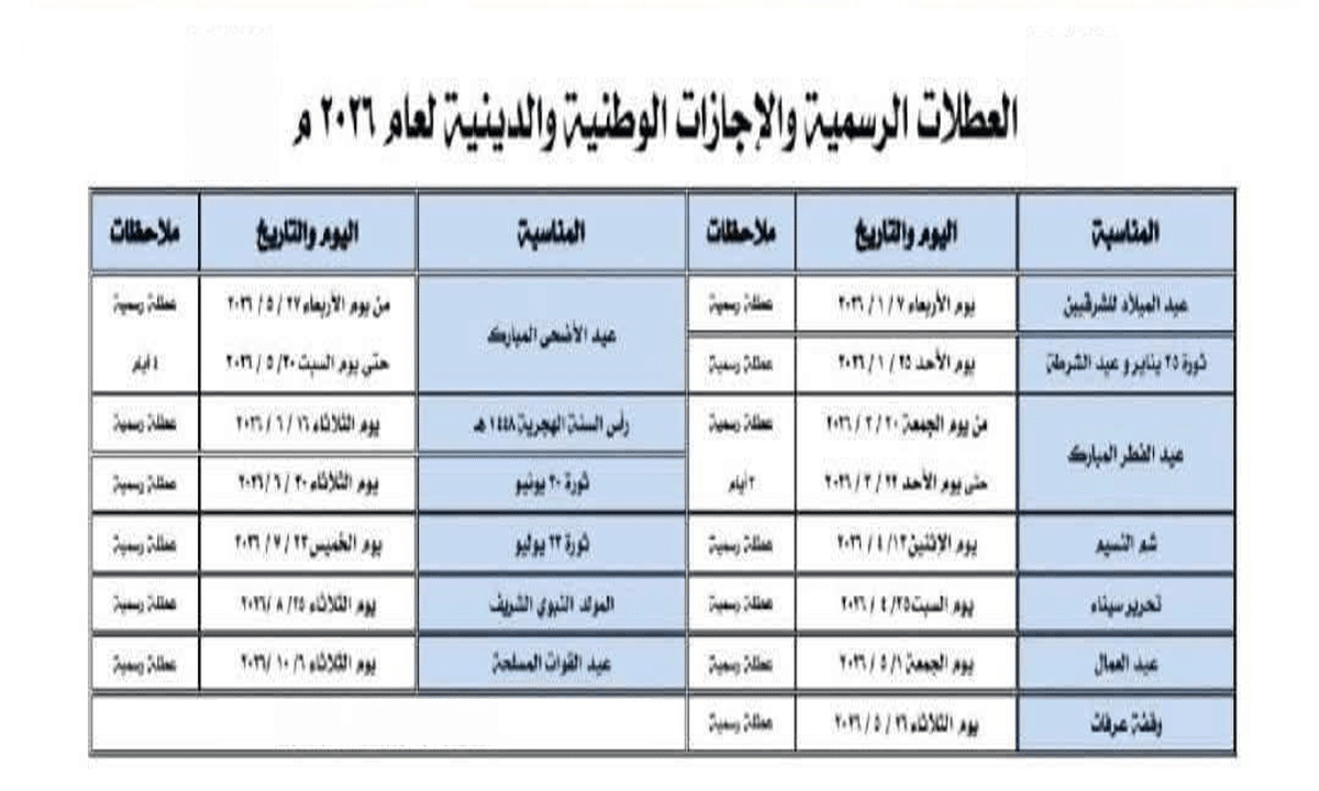 إجازات 2026 الرسمية