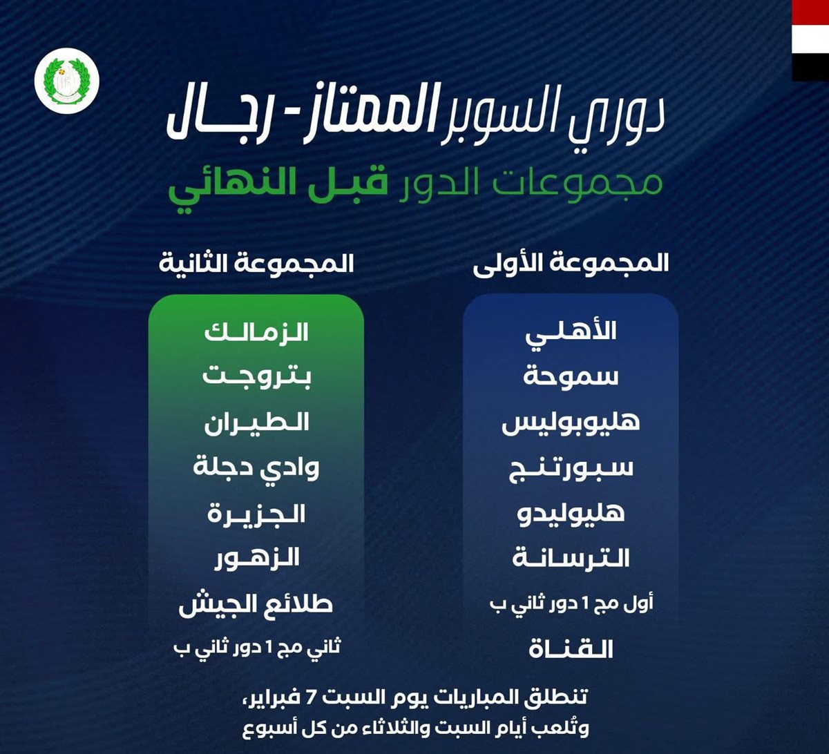 إعلان مجموعتي الدور قبل النهائي بدوري السوبر الممتاز لكرة اليد رجال