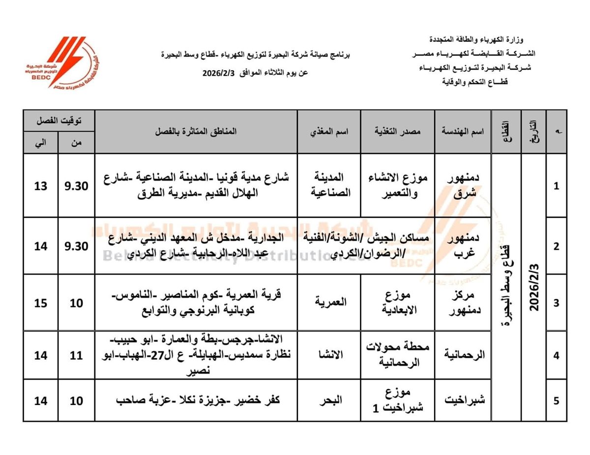 جدول فصل التيار الكهربائي في محافظة البحيرة اليوم الثلاثاء 3 فبراير