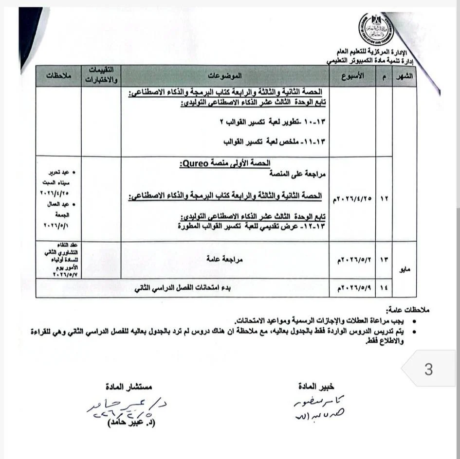 &nbsp;توزيع منهج البرمجة والذكاء الاصطناعي لطلاب الأول الثانوي الترم الثاني