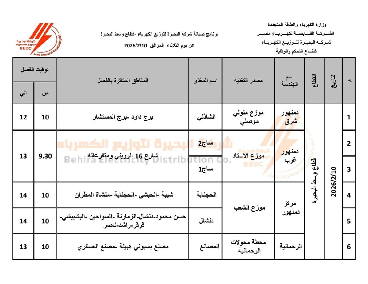 جدول فصل الكهرباء بمراكز ومدن محافظة البحيرة اليوم الثلاثاء 10 فبراير