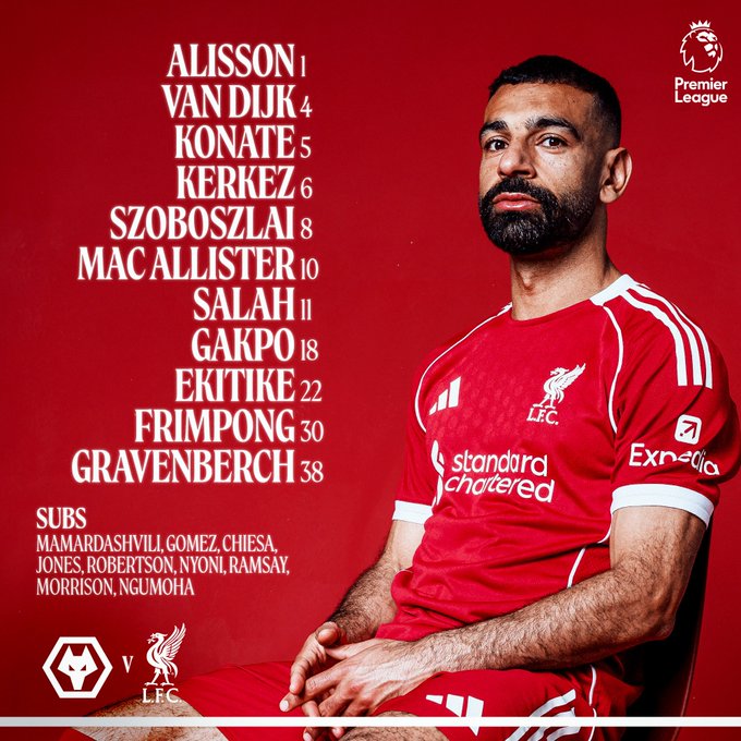 <strong>تشكيل ليفربول الرسمي لمواجهة وولفرهامبتون في الدوري الإنجليزي الممتاز 2025 - 2026</strong>
