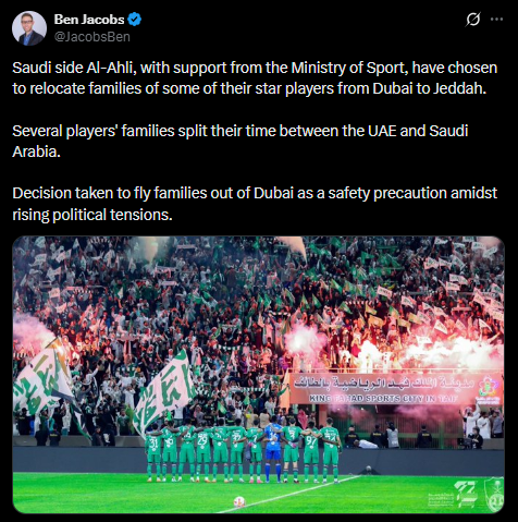 <strong>بن جاكوبس: الأهلي السعودي ينقل عائلات بعض لاعبيه من دبي إلى جدة كإجراء احترازي</strong>