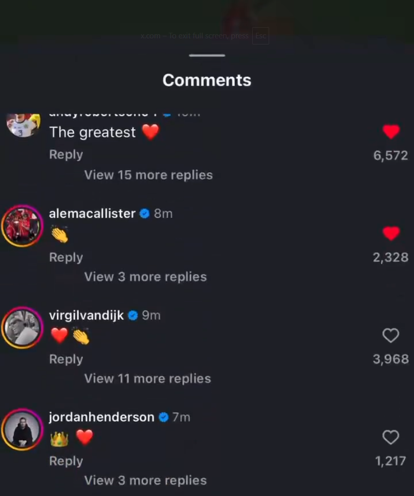 <strong>بعض من تعليقات لاعبو ليفربول على بوست محمد صلاح في الانستجرام</strong>