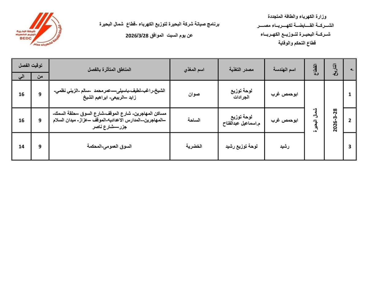 جدول فصل التيار الكهربائي اليوم السبت الموافق 28 مارس بمراكز محافظة البحيرة&nbsp;