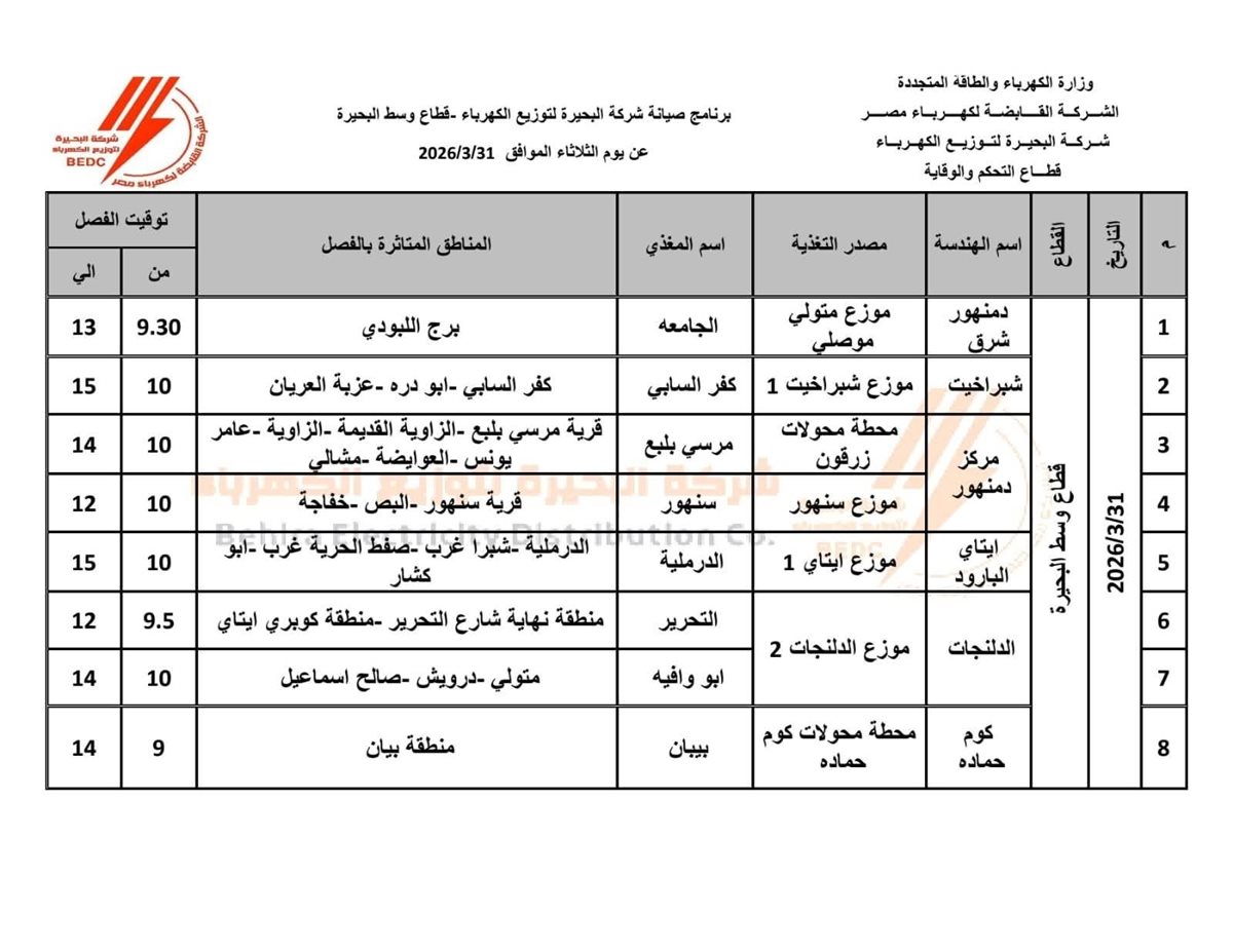جدول فصل التيار الكهربائي بمحافظة البحيرة&nbsp;
