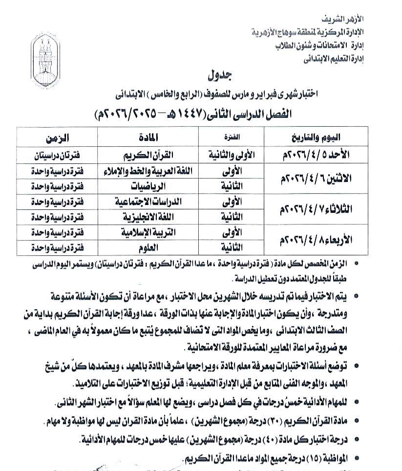 جدول امتحانات شهري فبراير ومارس الرابع والخامس