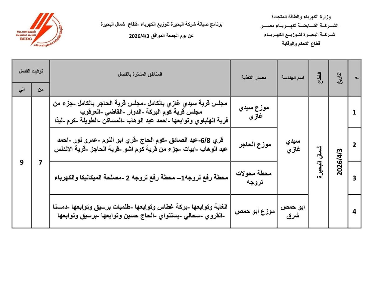 جدول فصل التيار الكهربائي في قرى ومراكز محافظة البحيرة اليوم الجمعة&nbsp;