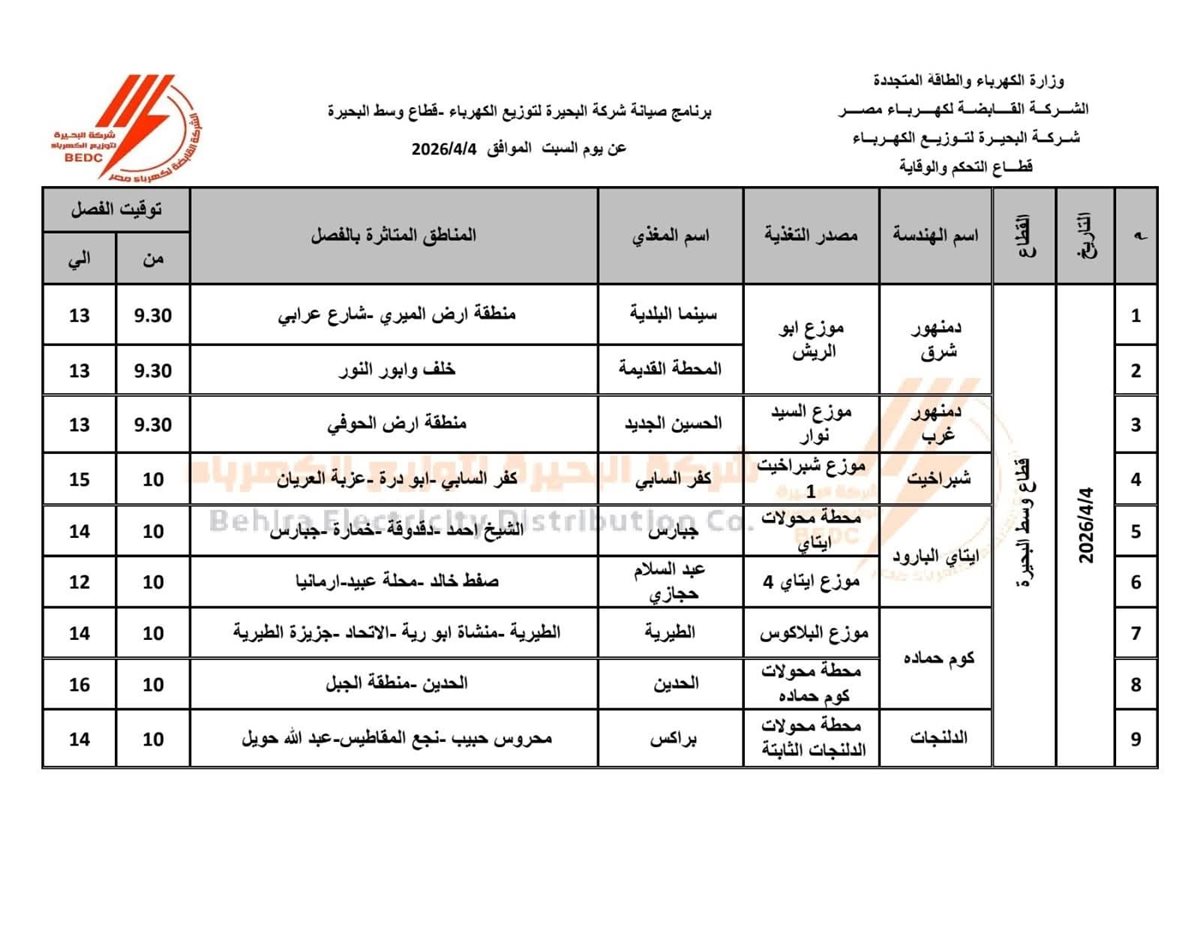 جدول فصل التيار الكهربائي عن محافظة البحيرة اليوم السبت 4 أبريل