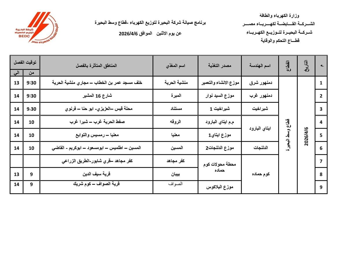 جدول فصل التيار الكهربائي في محافظة البحيرة اليوم الإثنين 6 أبريل&nbsp;