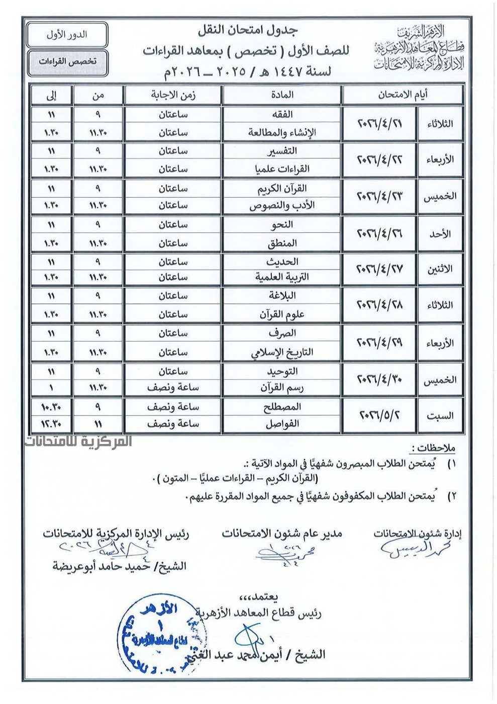 المعاهد الأزهرية يعلن جداول امتحانات النقل والشهادات الأزهرية &nbsp;