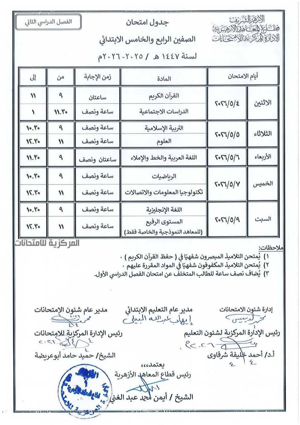 المعاهد الأزهرية يعلن جداول امتحانات النقل والشهادات الأزهرية &nbsp;