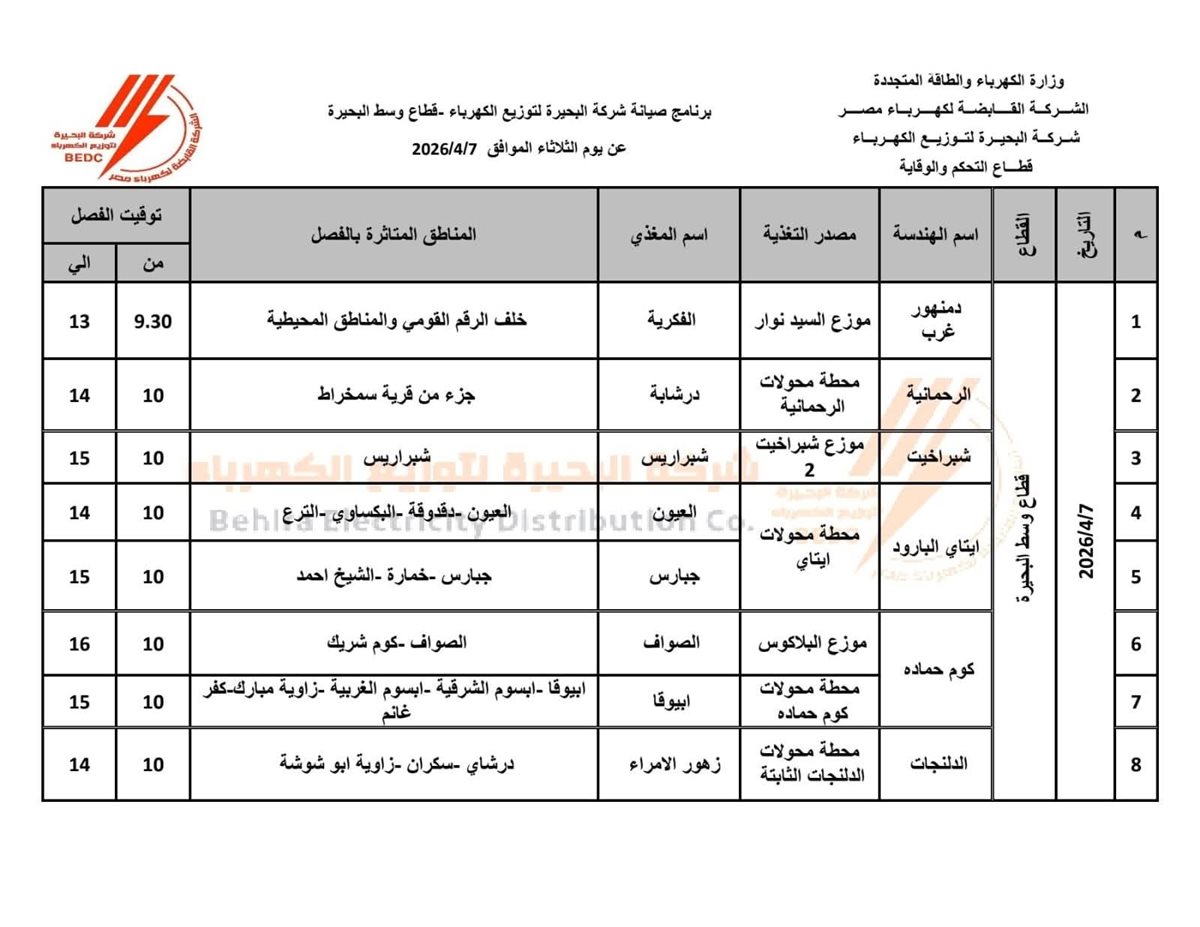 جدول فصل التيار الكهربائي عن محافظة البحيرة اليوم الثلاثاء
