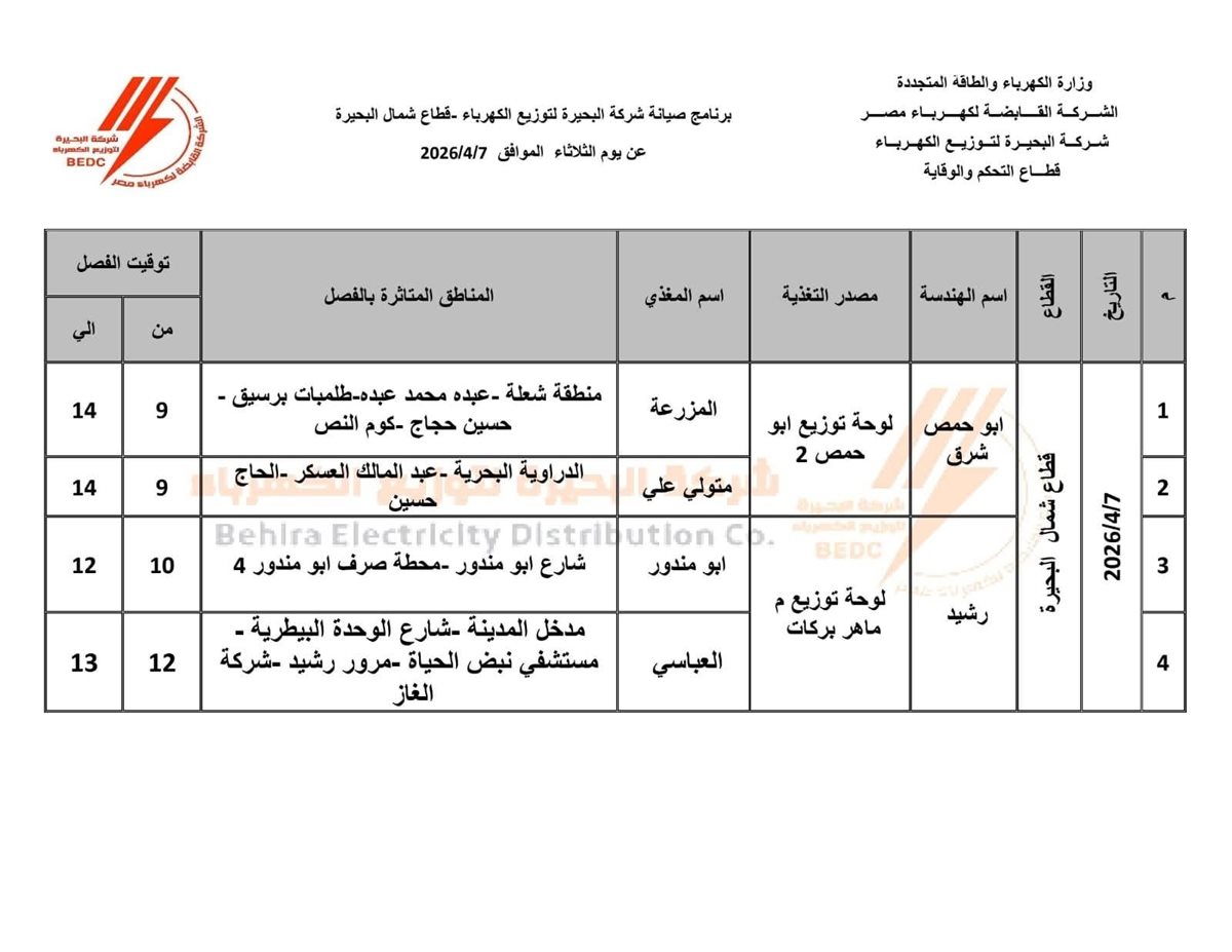 جدول فصل التيار الكهربائي عن محافظة البحيرة اليوم الثلاثاء