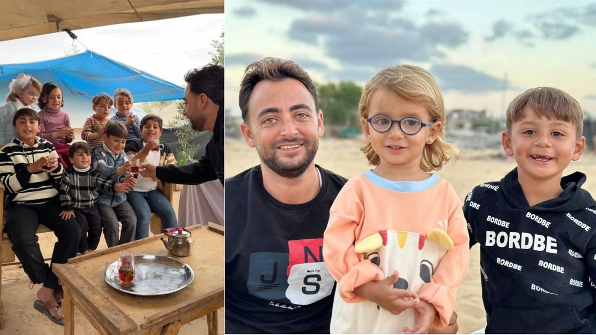 على اليمين ميرا وعاهد بصحبة والدهم - على اليسار والد ميرا وعاهد يقدم لهم الشاي بصحبة أصقاءهم