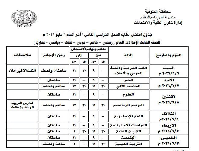 مواعيد امتحانات الصف الثالث الإعدادي الترم الثاني