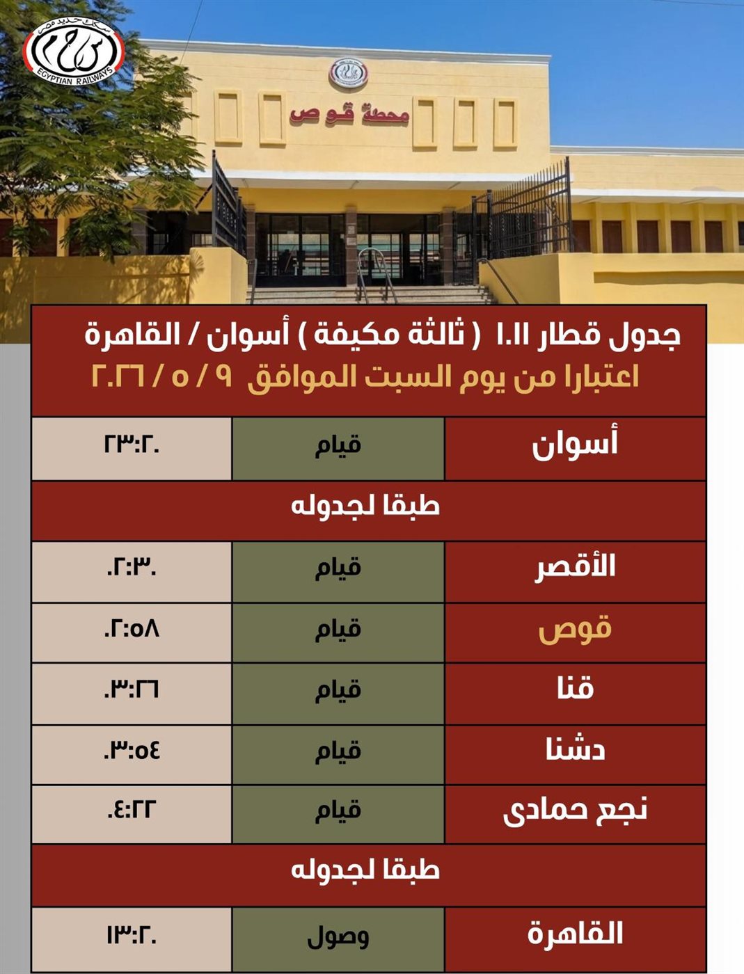 السكة الحديد تضيف محطة قوص من مقررات وقوف قطار 1011 على &nbsp;بدءًا من 9 مايو