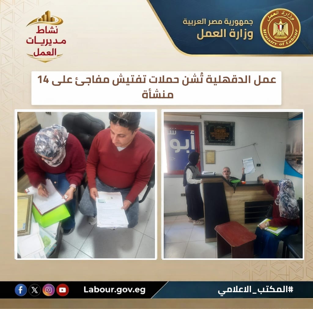 العمل تنفذ حملة مفاجئة على 14 شركة عمالة بالمنصورة