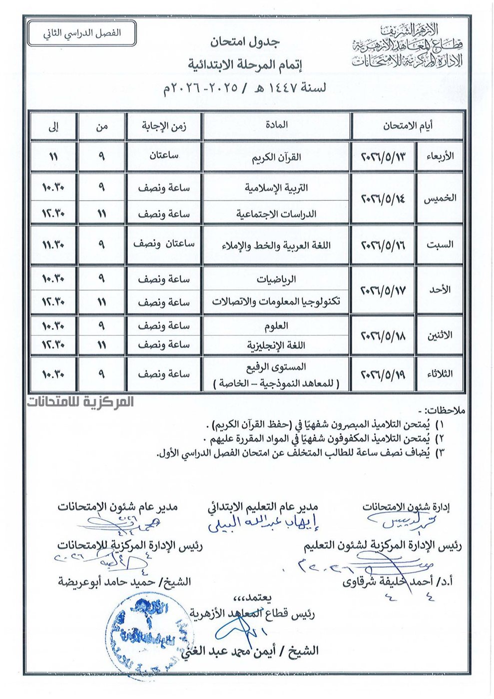 جدول امتحانات الأزهر 2026 الابتدائي ترم ثاني