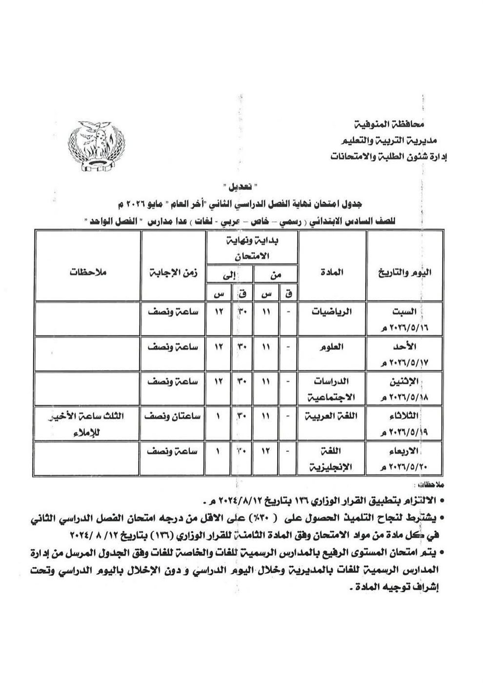 جدول امتحانات الصف السادس الابتدائي 2026 الترم الثاني المنوفية