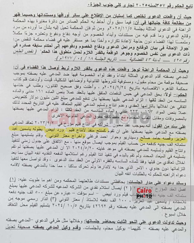 نسخة من منطوق الحكم الصادر في نزاع إنتاجي لفيلمي بطولة ياسمين عبد العزيز ومصطفى خاطر