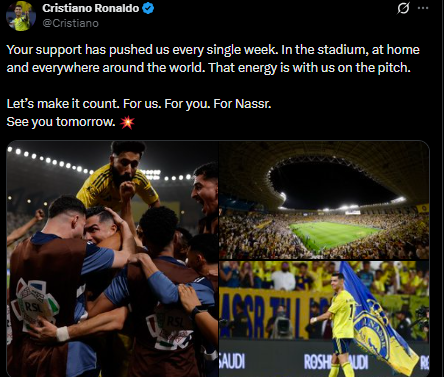 <strong>كريستيانو رونالدو يوجه رسالة مؤثرة لجماهير النصر قبل المواجهة الحاسمة أمام الهلال&nbsp;</strong>